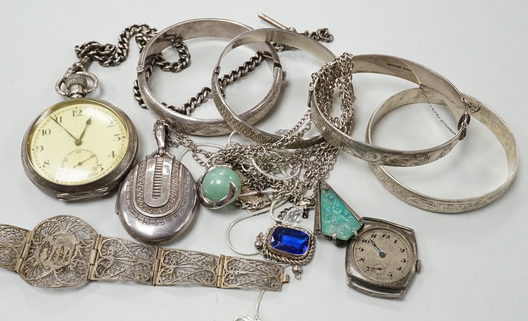 Sundry watches and jewellery including a silver pocket watch with silver albert, silver wrist watch, Victorian silver locket, bangles etc.